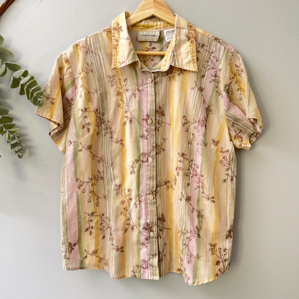 Vtg Lemon Grass Short Sleeve Shirt Cottagecore Button Up Floral Earthy Pastel